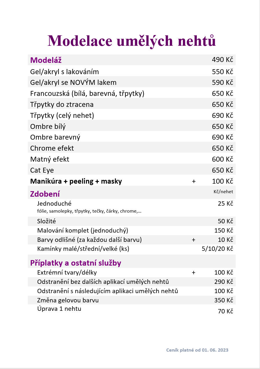 Ceník služeb Art Nails ART NAILS Beauty & SPA