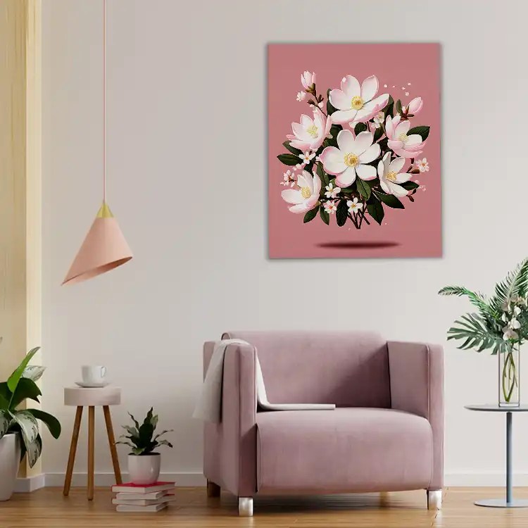 A Bouquet Of Magnolias And Small Daisies Painting Art Of Paint By Numbers
