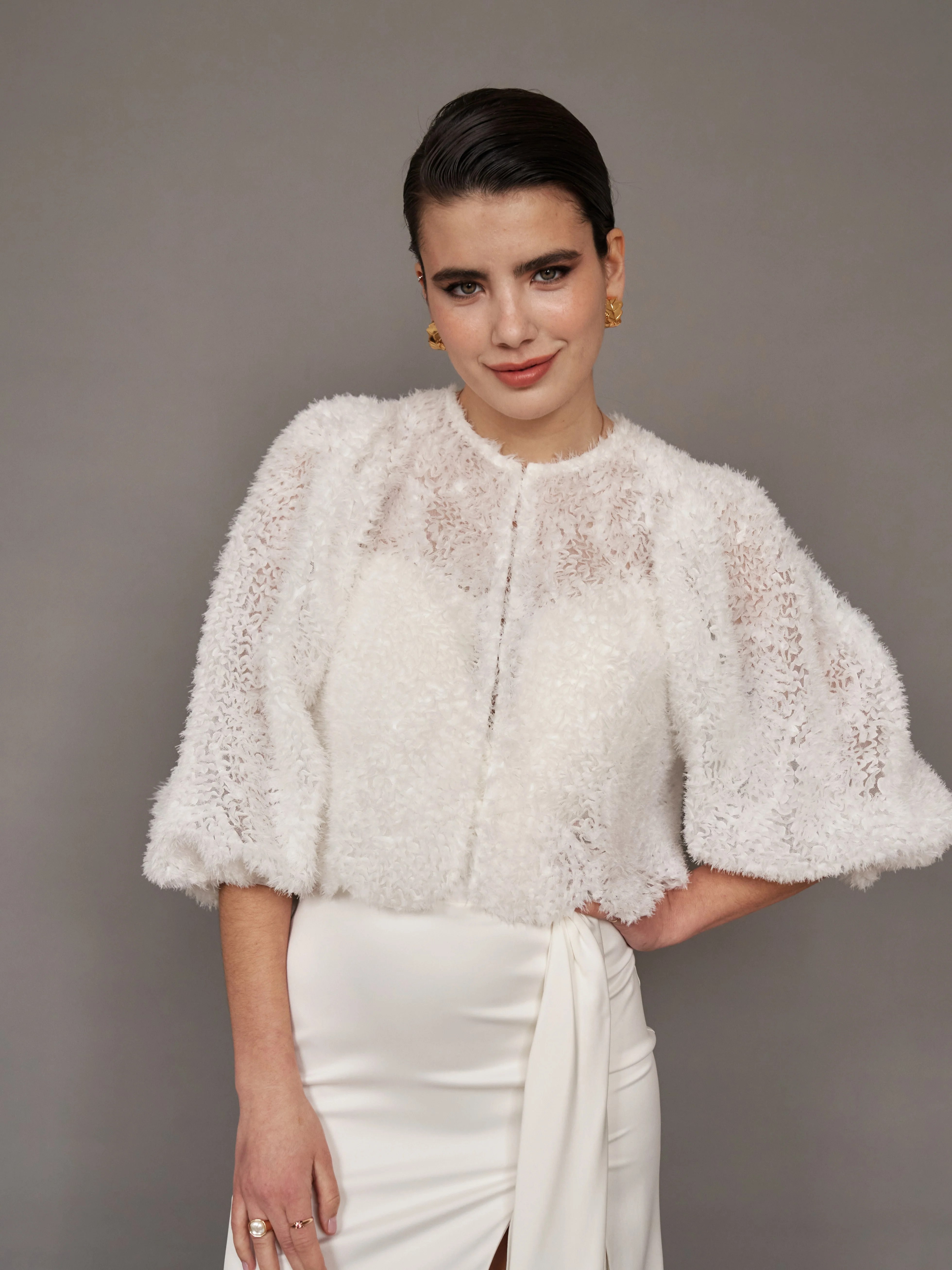 White Top for Wedding Dress Tulle CoverUp for Bride, 3/4 Sleeve