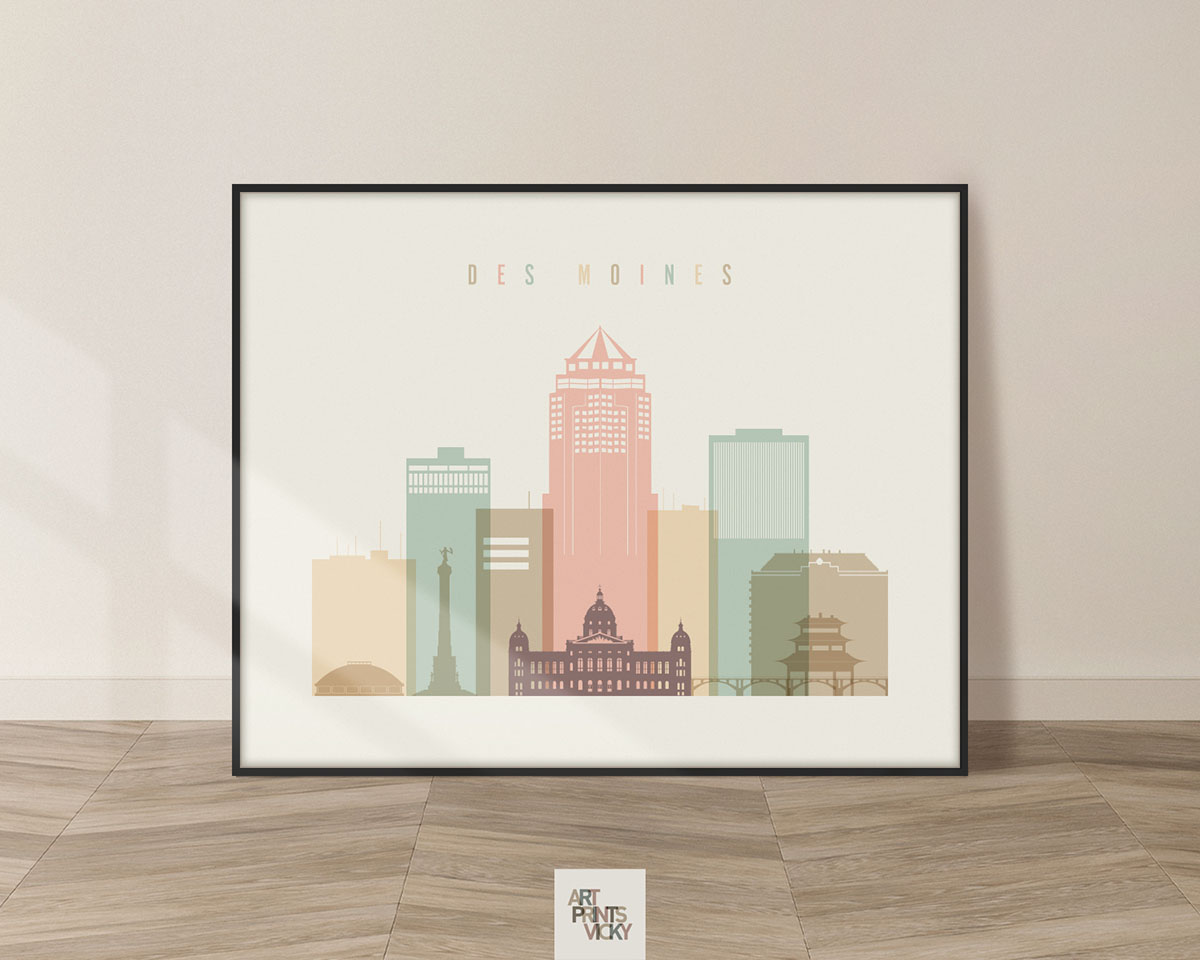 Des Moines City Poster in Warm Pastels ArtPrintsVicky