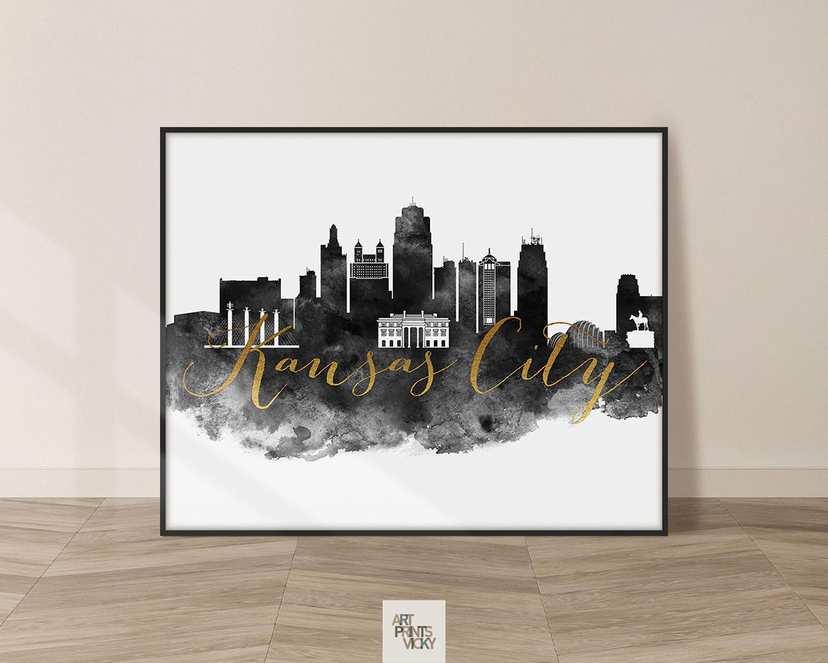 Kansas City Wall Art in Black & White Watercolor ArtPrintsVicky