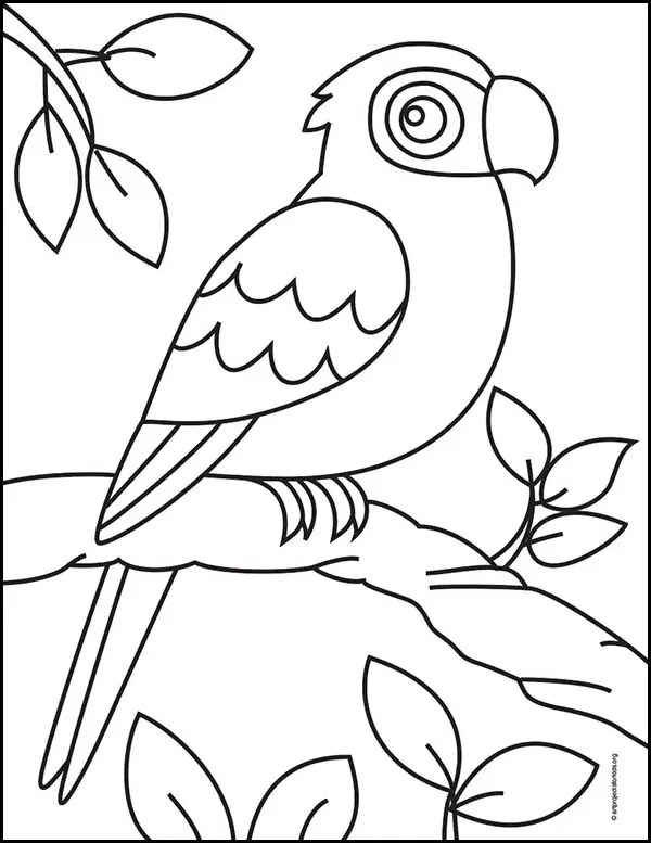 Easy How to Draw a Parrot Tutorial Video and Parrot Coloring Page