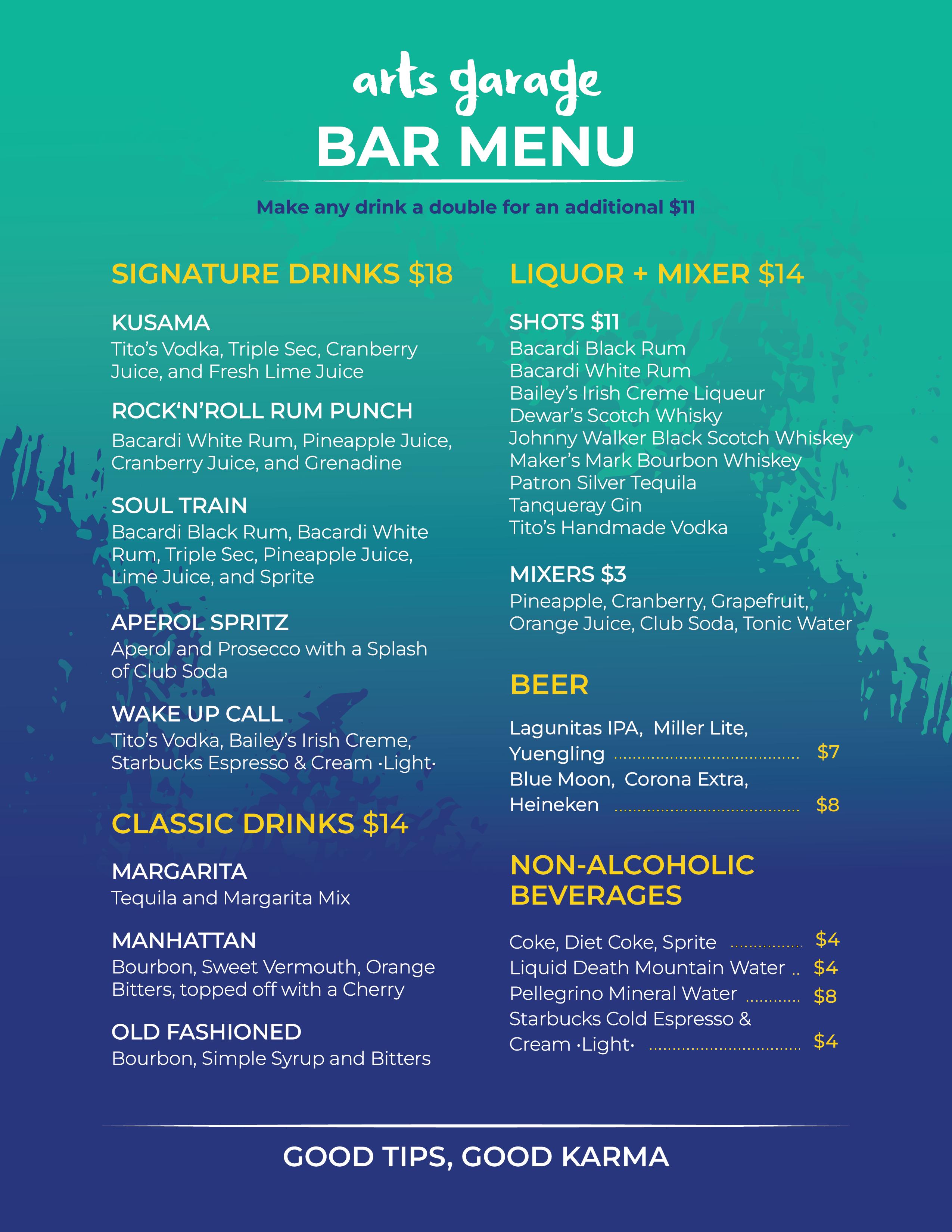 Bar Menu Arts Garage