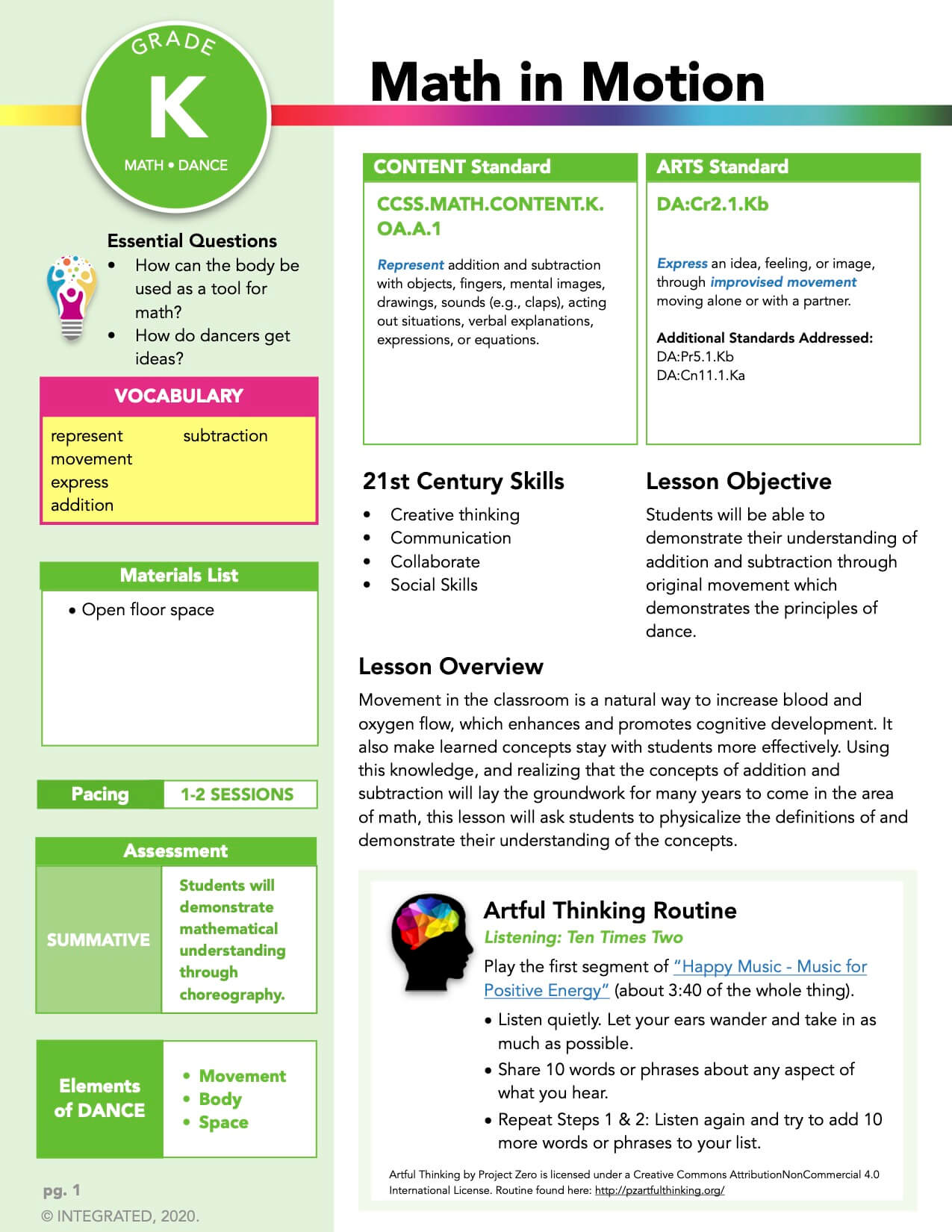 Math in Motion Free Kindergarten Math and Art Lesson