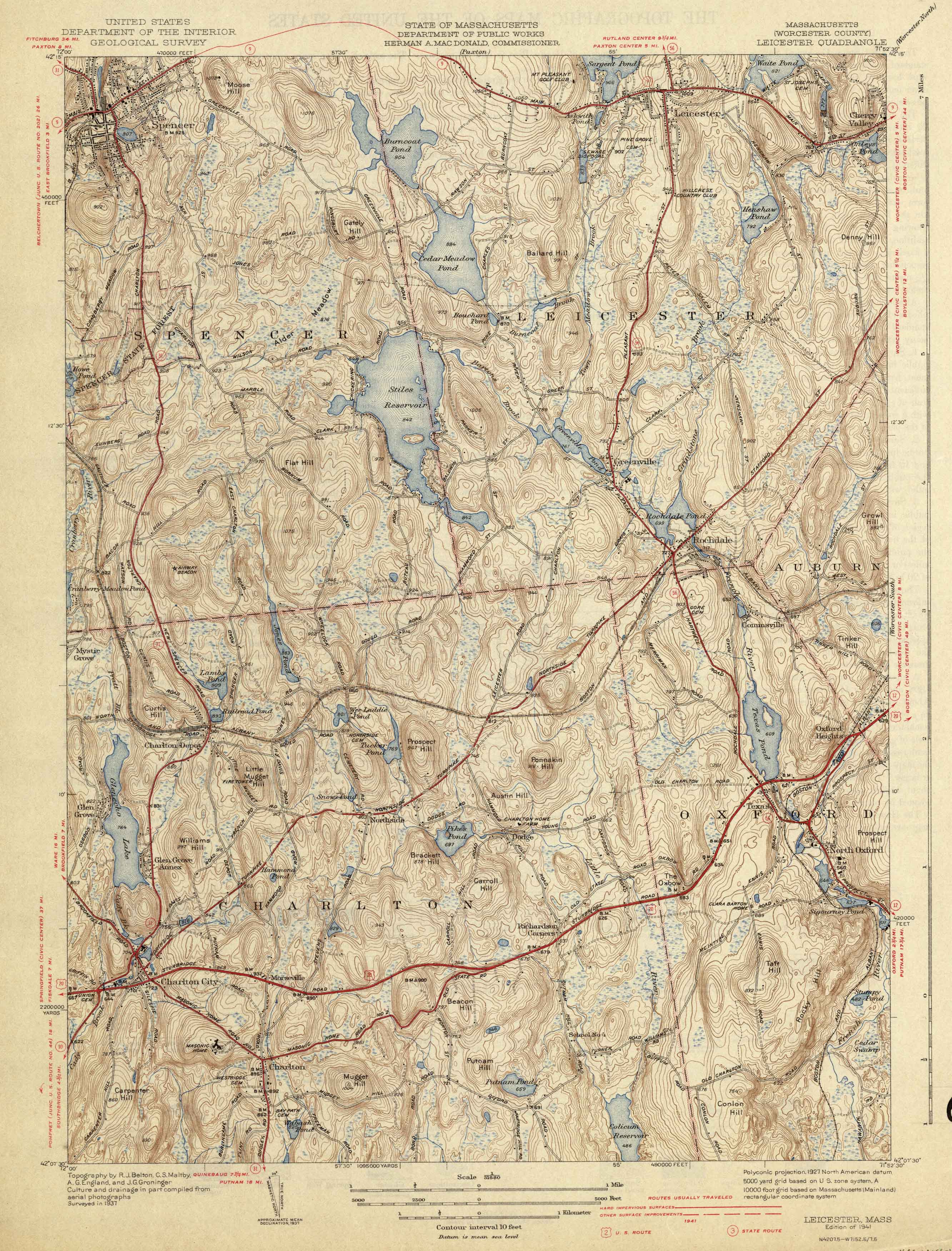 U.S. Geologic Survey 1941 Map of Leicester, Massachusetts Art Source