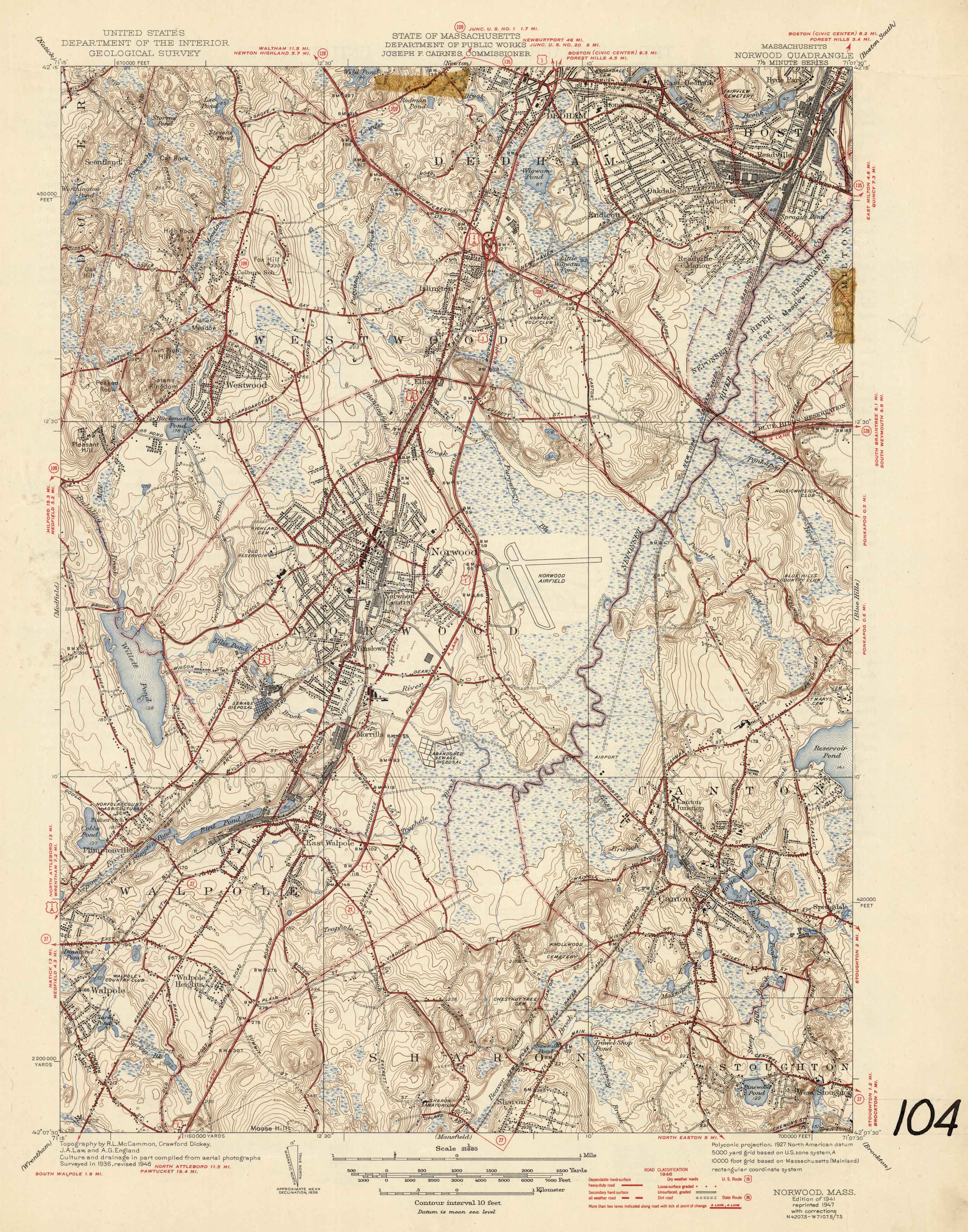 U.S. Geologic Survey 1947 Map of Norwood, Massachusetts Art Source