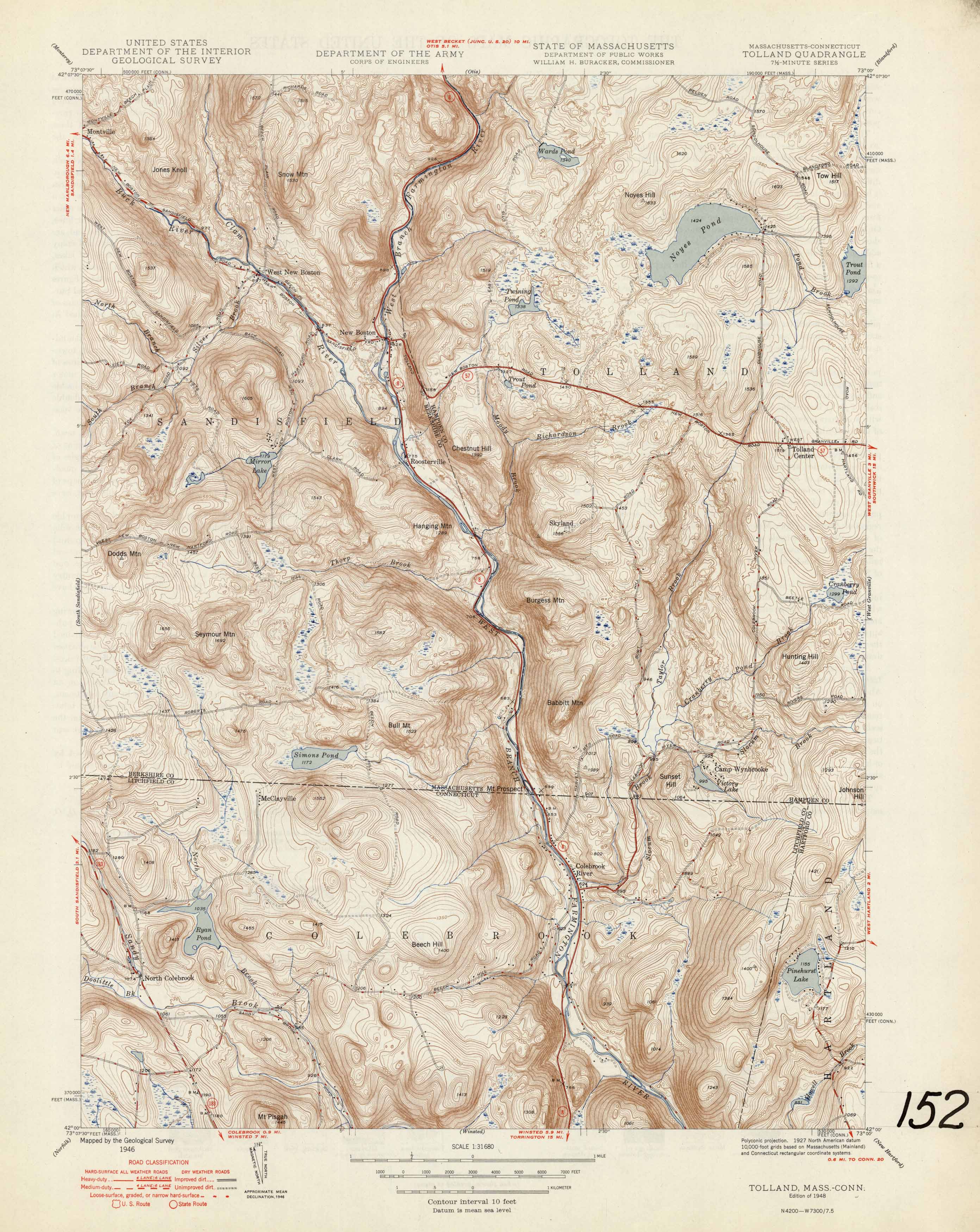 U.S. Geologic Survey 1948 Map of Tolland, Massachusetts/Connecticut