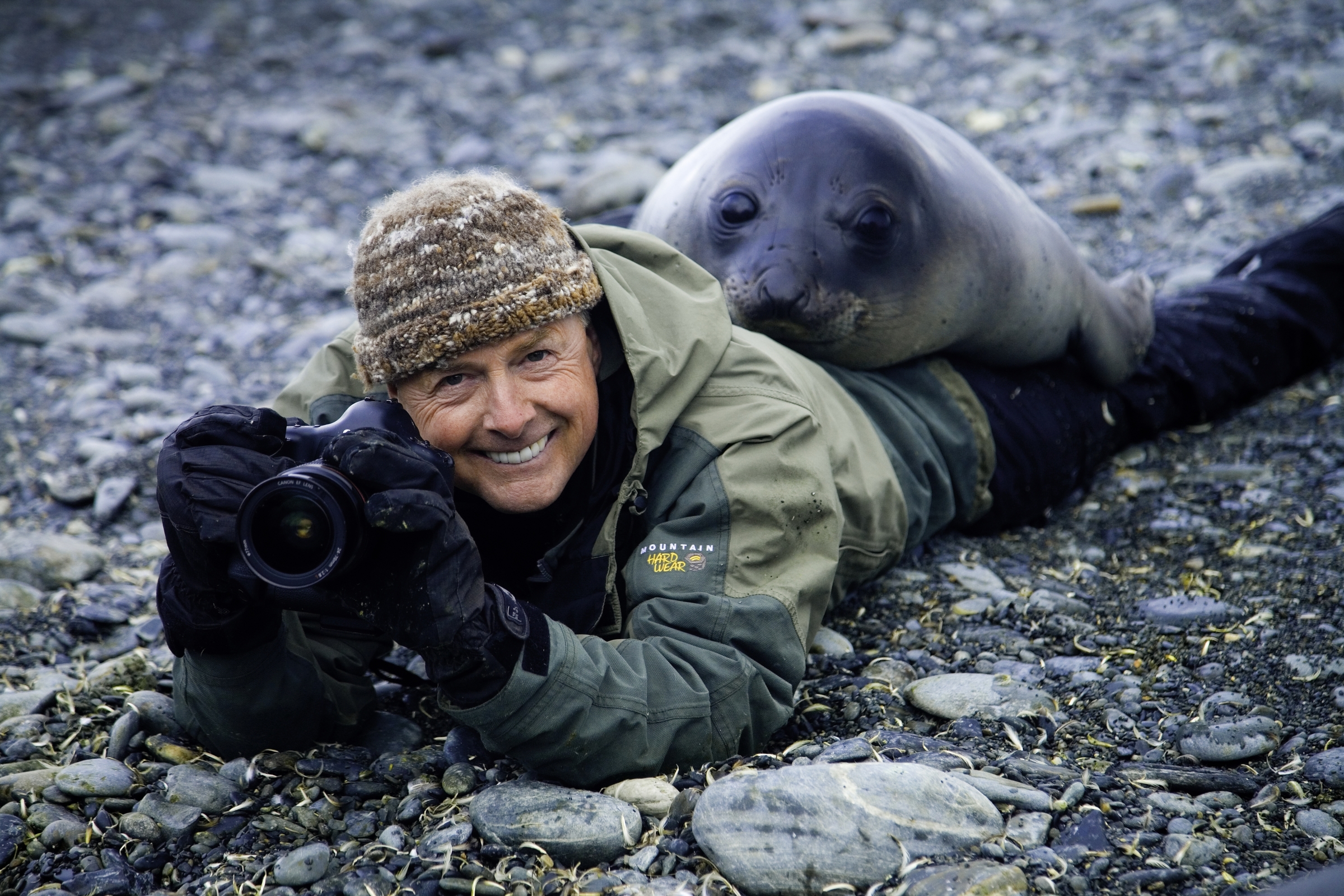 Art Wolfe and Southern Elephant Seal, South Island Art Wolfe