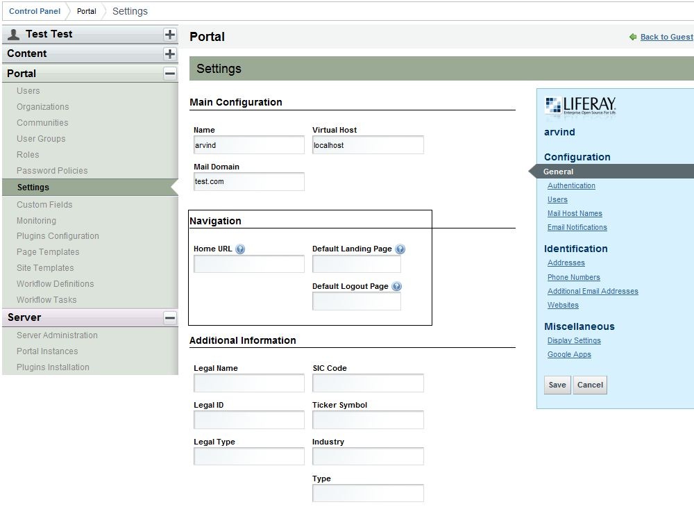 Liferay 6 Preview new Control Panel Settings options Knowledge Share