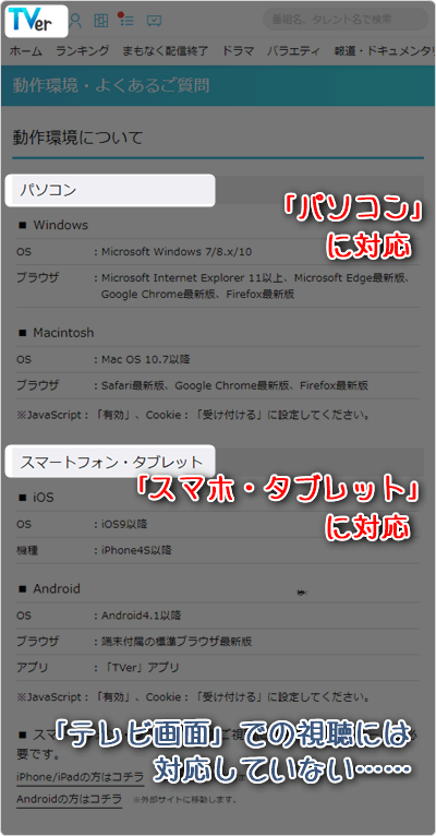 「パソコン」「スマホ・タブレット」に対応、「テレビ画面」での視聴には対応していない……