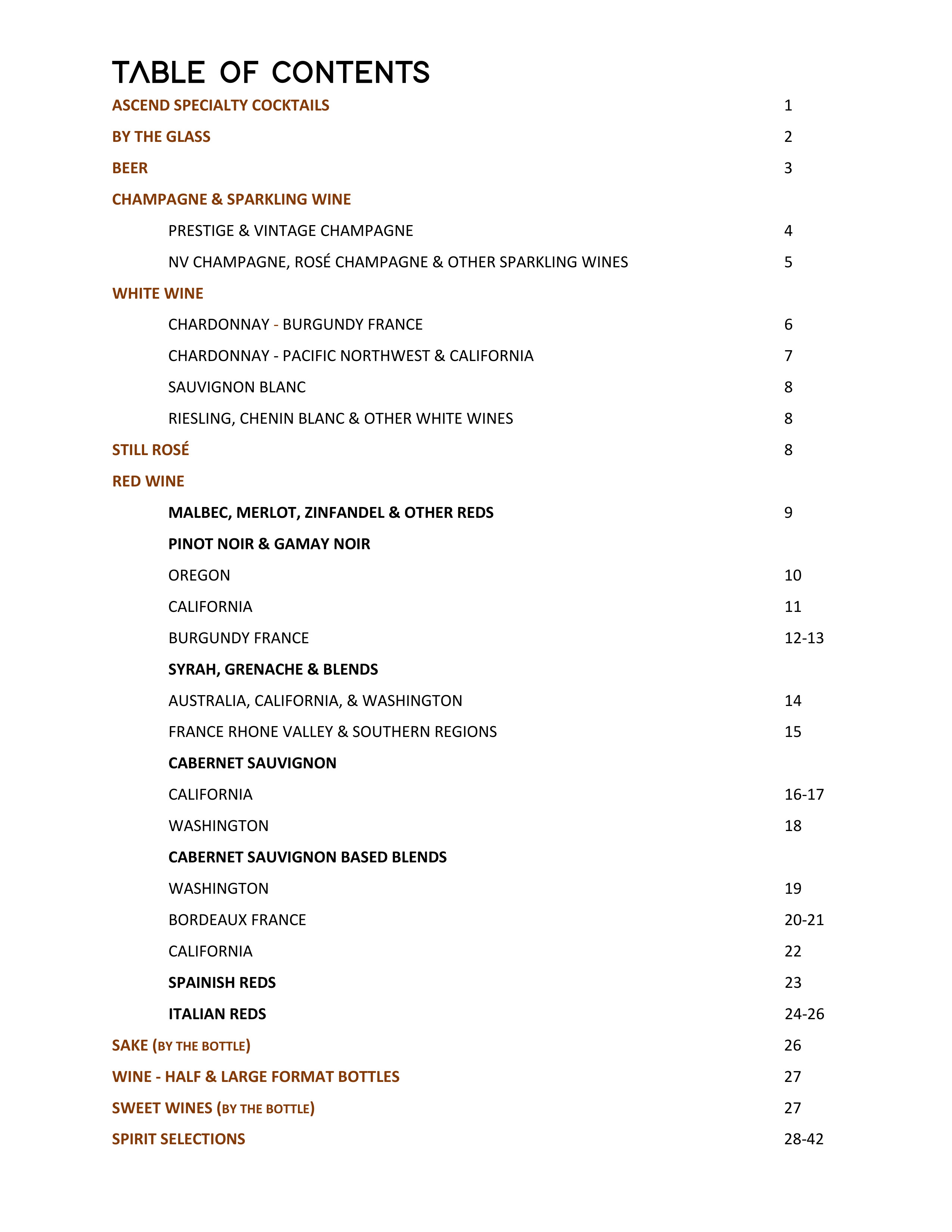 Wine & Spirits List Ascend Prime Steak & Sushi