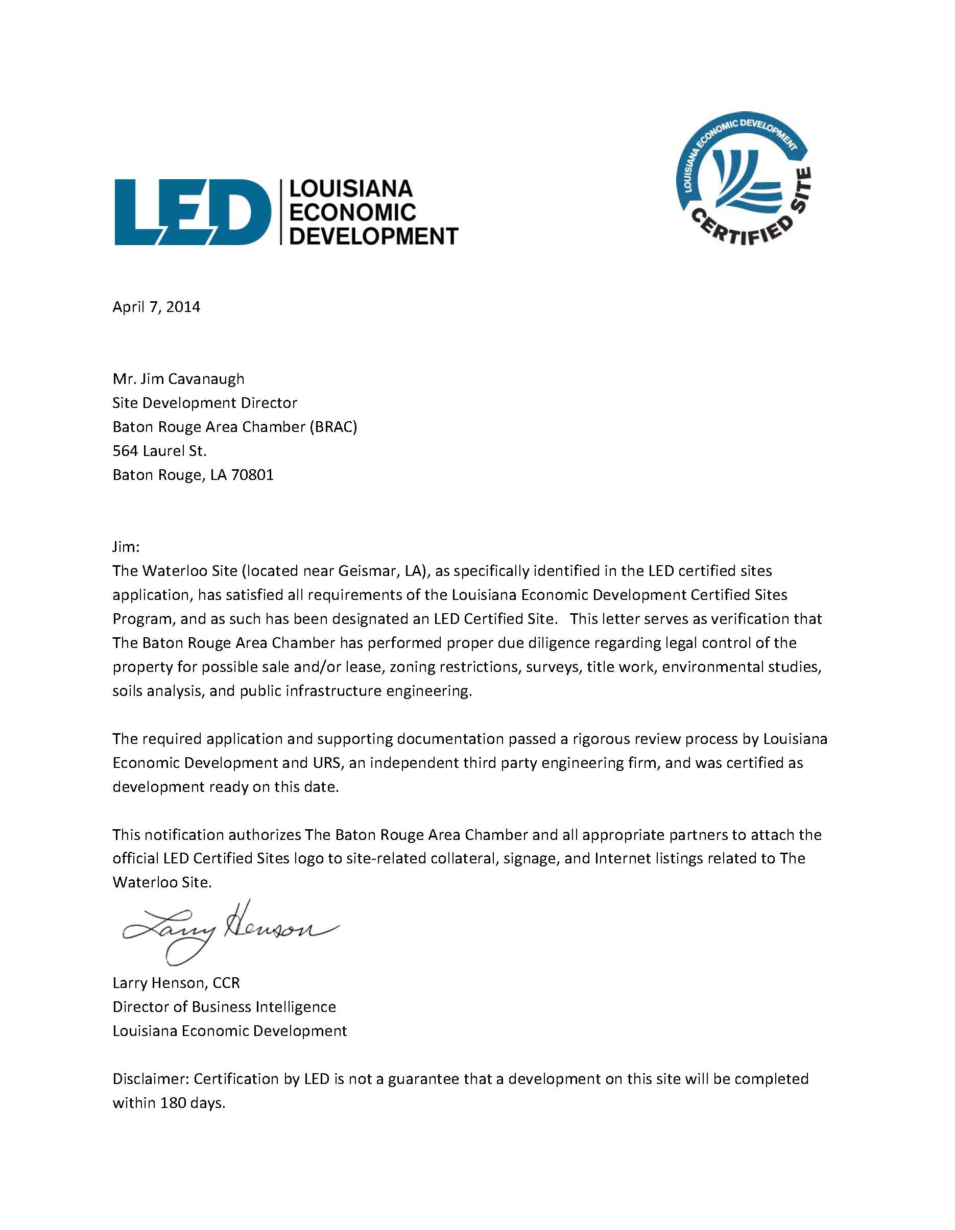 Another LED Certified Site for Ascension Parish. Ascension Economic Development Corporation