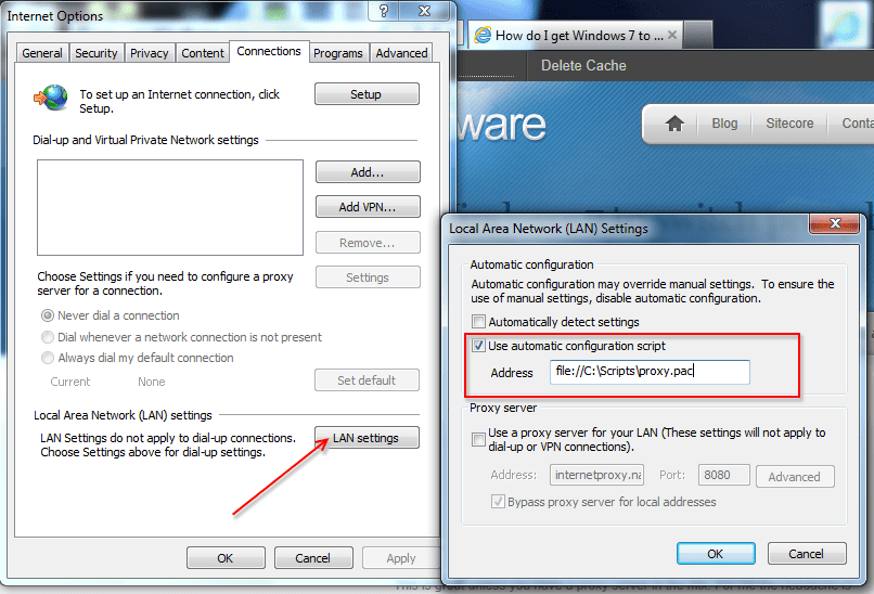 How do I get Windows 7 to switch proxy between my work and home
