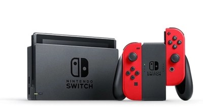 Nintendo Switch with Red JoyCon Controllers & Super Mario Odyssey