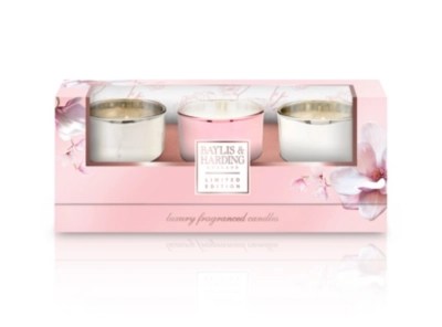 Baylis & Harding 3 Candle Set Pink Magnolia Candles & Holders at ASDA