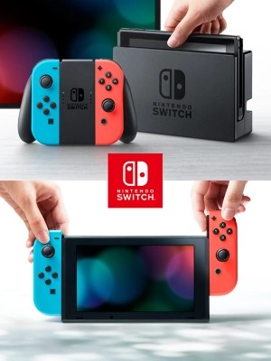 Nintendo Switch with Neon Red and Neon Blue JoyCon Controllers