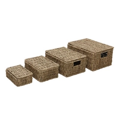 JVL Seagrass Set Of 4 Rectangular Lidded Storage Baskets Home