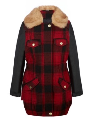 Check Faux Fur Collar Coat Girls at ASDA