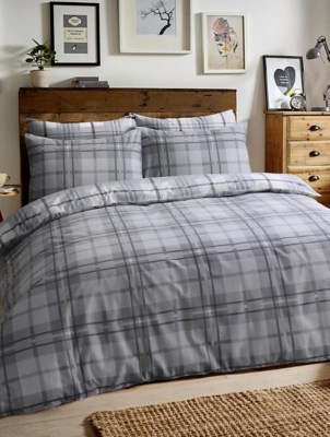 Sleepdown Brushed Cotton Tartan Check Duvet Set in Grey Home