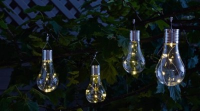 Solar Powered Hanging Bulb Lights Set of 4 Outdoor & Garden