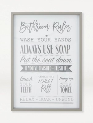 Grey Bathroom Rules Slogan Framed Print Home at ASDA