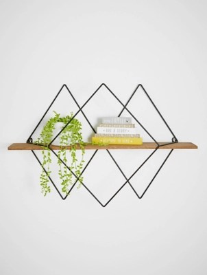 Black Wire 3 Diamond Wooden Shelf Home at ASDA