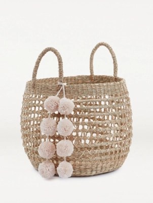 Natural Woven Pom Pom Basket Home at ASDA