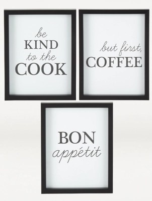 Monochrome Kitchen Slogan Framed Print Set of 3 Home at ASDA