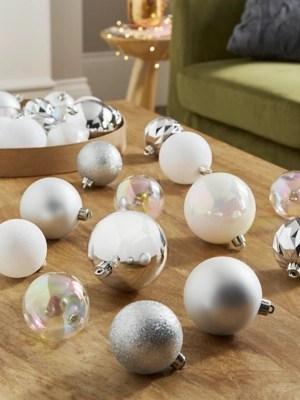 SilverTone Mixed Size Baubles Pack of 30 Christmas at ASDA