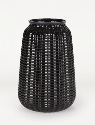 Black Ribbed Glass Vase Home at ASDA