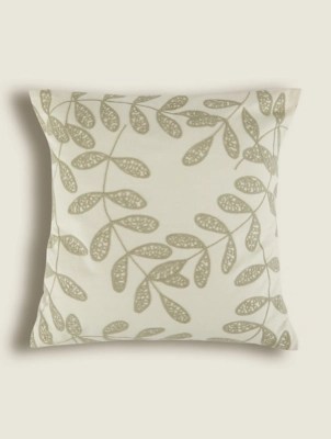 Green Leaf Embroidered Cushion Home at ASDA