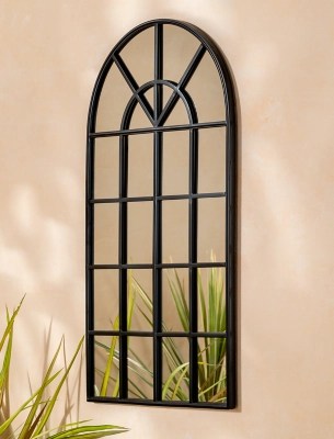 Black Oval Top Window Pane Hanging Garden Mirror Outdoor & Garden