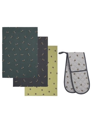 Bee Print Tea Towels & Oven Glove Set Home at ASDA