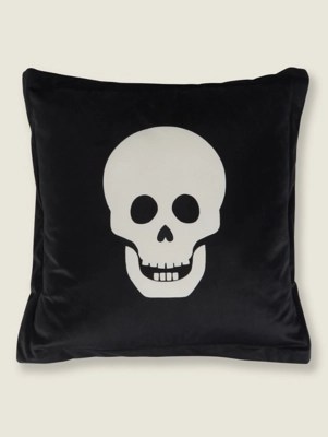 Black Skull Velvet Cushion Home at ASDA
