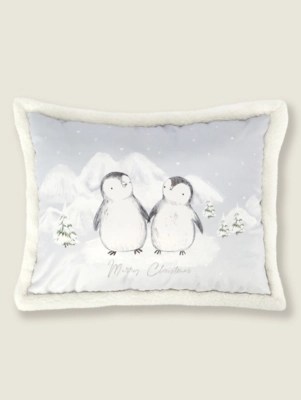 Grey Christmas Penguin Sherpa Cushion Home at ASDA