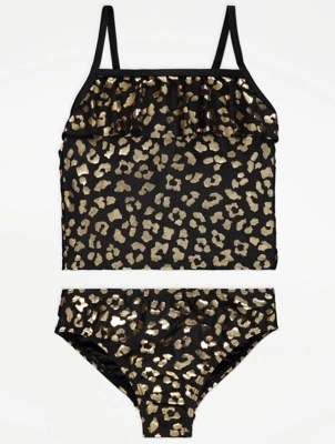 Black Animal Print Tankini Top and Bottoms Set Kids at ASDA