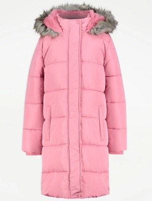Pale Pink Longline Padded Coat Kids at ASDA