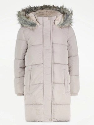 Pale Grey Hooded Longline Padded Coat Kids at ASDA