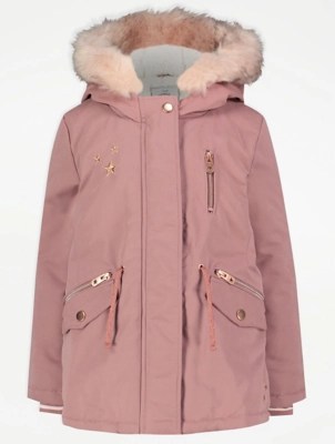 Pink Shower Resistant Faux Fur Trim Parka Coat Kids at ASDA