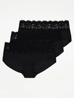 Black Lace Top Raw Hem Short Knickers 3 Pack Women at ASDA