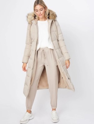 Beige Faux Fur Trim Padded Longline Coat Women at ASDA