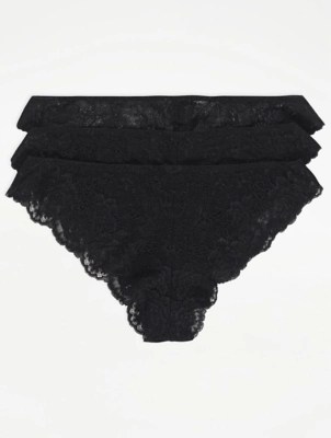 Black Floral Lace Brazilian Knickers 3 Pack Women at ASDA