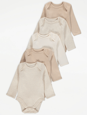 Neutral Long Sleeve Bodysuits 5 Pack Baby at ASDA