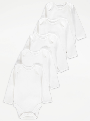 White Long Sleeve Bodysuits 5 Pack Baby at ASDA