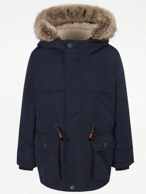 Navy Faux Fur Trim Shower Resistant Parka Kids at ASDA