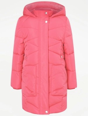Pink Longline Padded Shower Resistant Coat Kids at ASDA