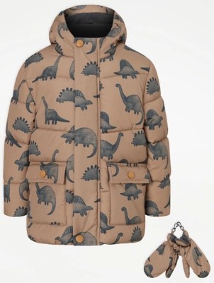 Tan Dinosaur Print Padded Shower Resistant Coat and Mittens Kids