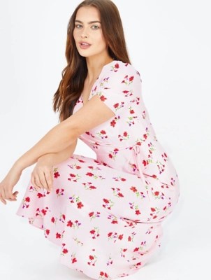 Pale Pink Floral Print Wrap Midi Dress Women at ASDA