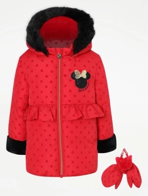 Disney Minnie Mouse Red Longline Shower Resistant Coat and Mittens