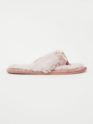 Pink Faux Fur Toe Post Slippers Women at ASDA